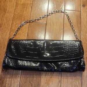 LOFT Black Crocodile-Patterned Clutch Silver Chain Eveni Faux Leather